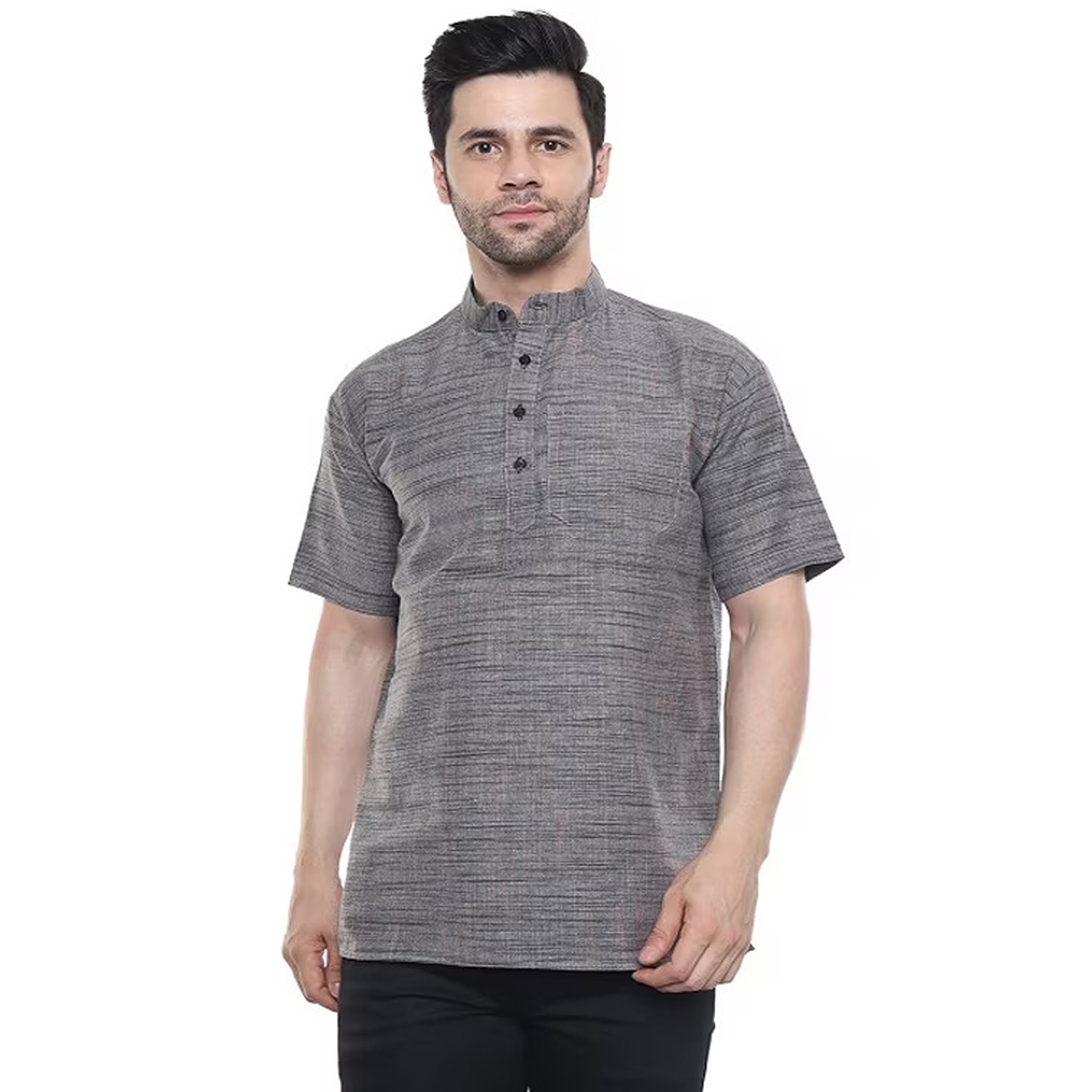 Aaryavar Men's Khadi Cotton Relaxed Short Kurta - Dark Grey Color