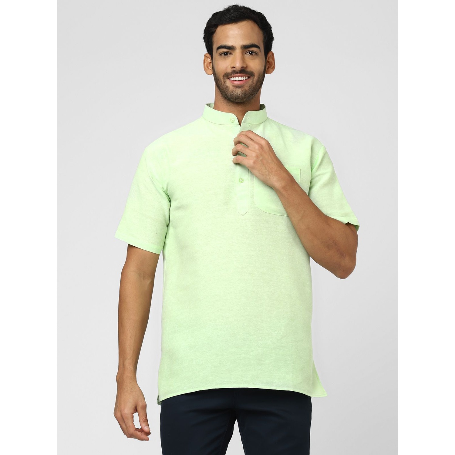 Aaryavar Men's Khadi Cotton Relaxed Short Kurta - Light Green Color