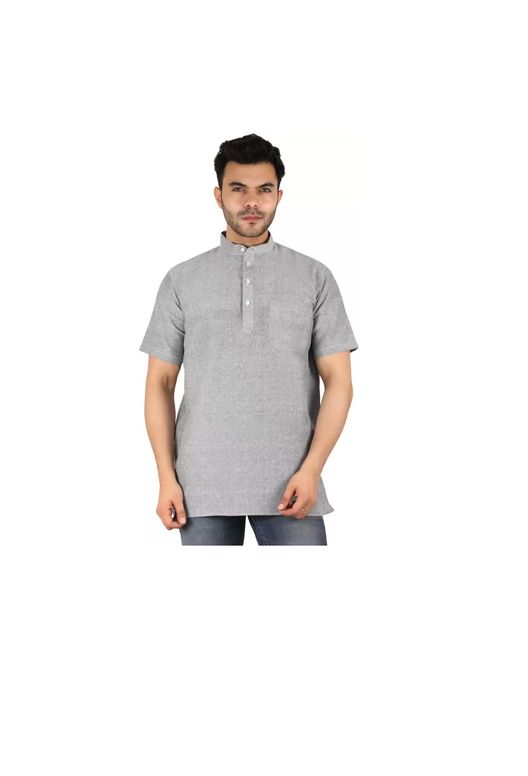 Aaryavar Men's Khadi Cotton Relaxed Short Kurta - Light Grey Color