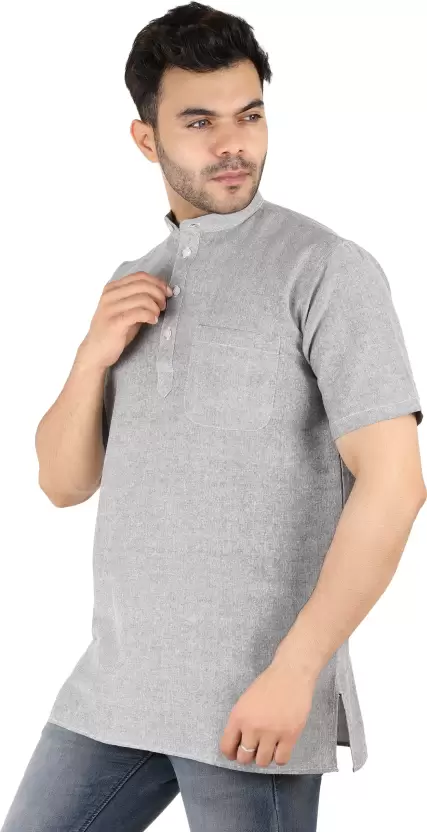 Aaryavar Men's Khadi Cotton Relaxed Short Kurta - Light Grey Color