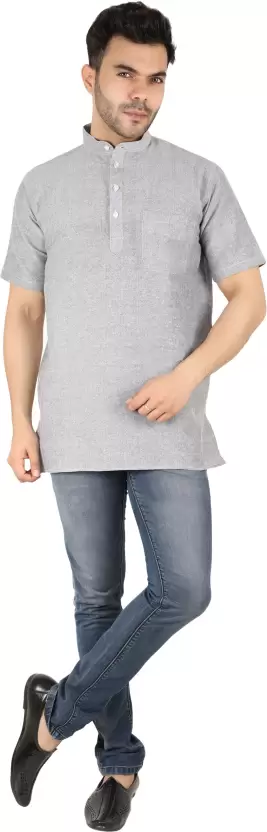 Aaryavar Men's Khadi Cotton Relaxed Short Kurta - Light Grey Color