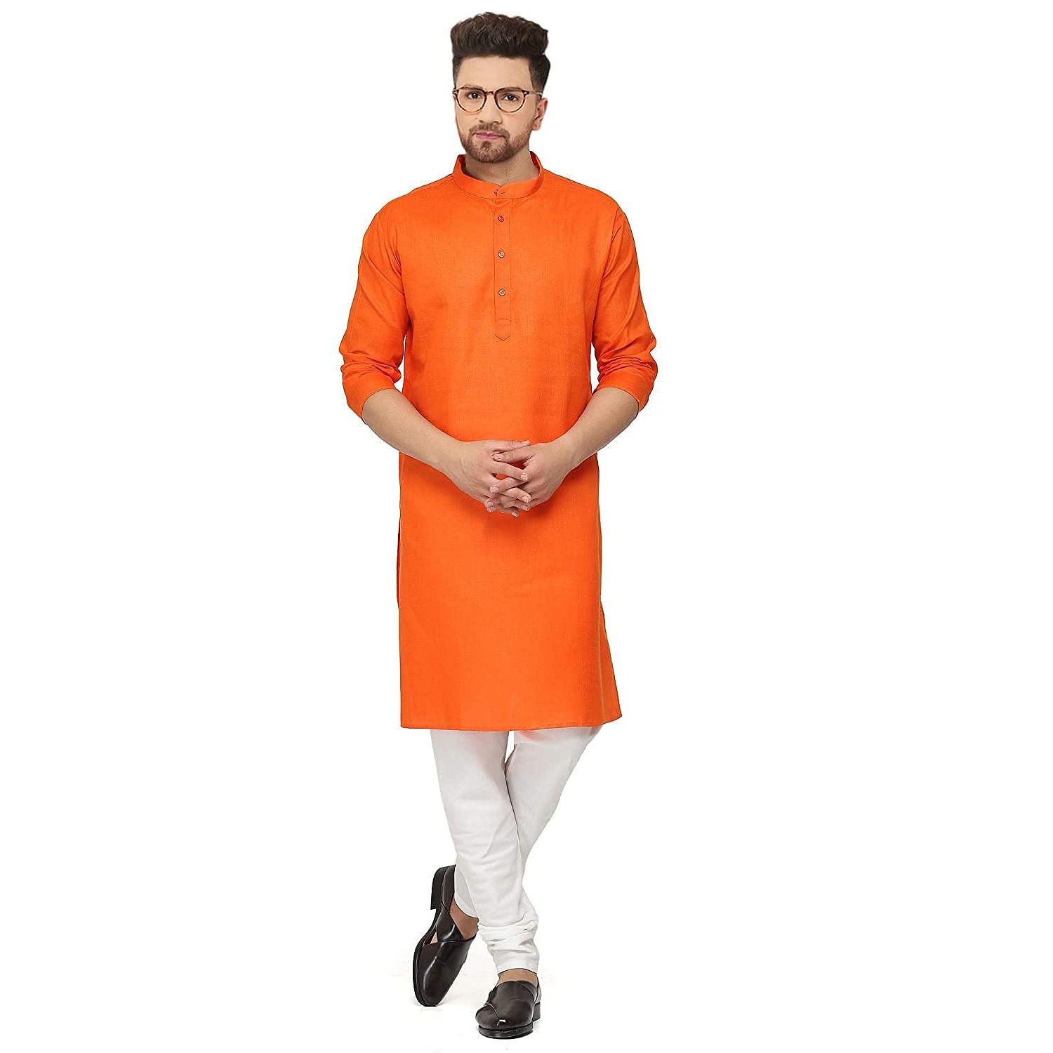 Aaryavar Men's Khadi Cotton - Saffron Orange - Kurta Pyjama Set