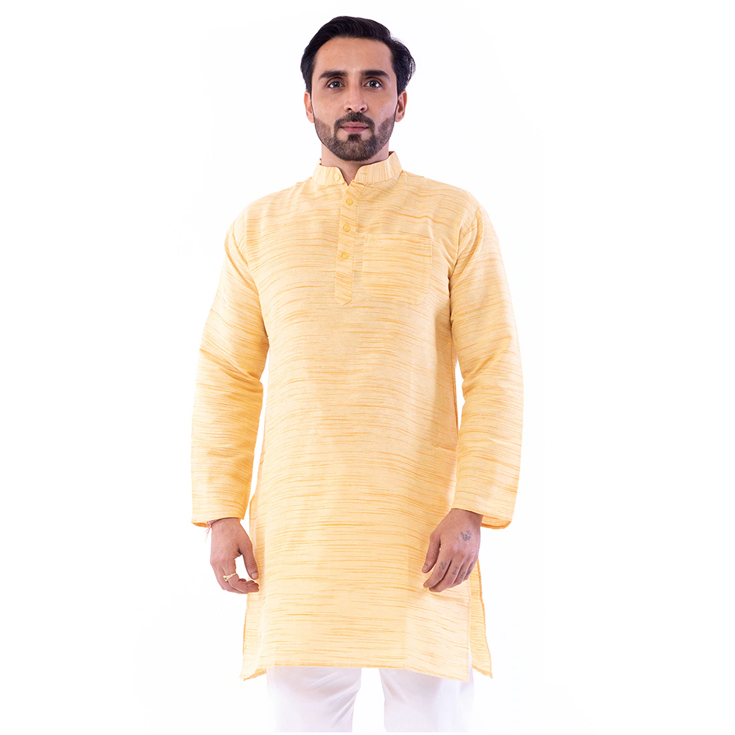Aaryavar Men's Khadi Cotton - Yellow Color - Kurta Pyjama Set