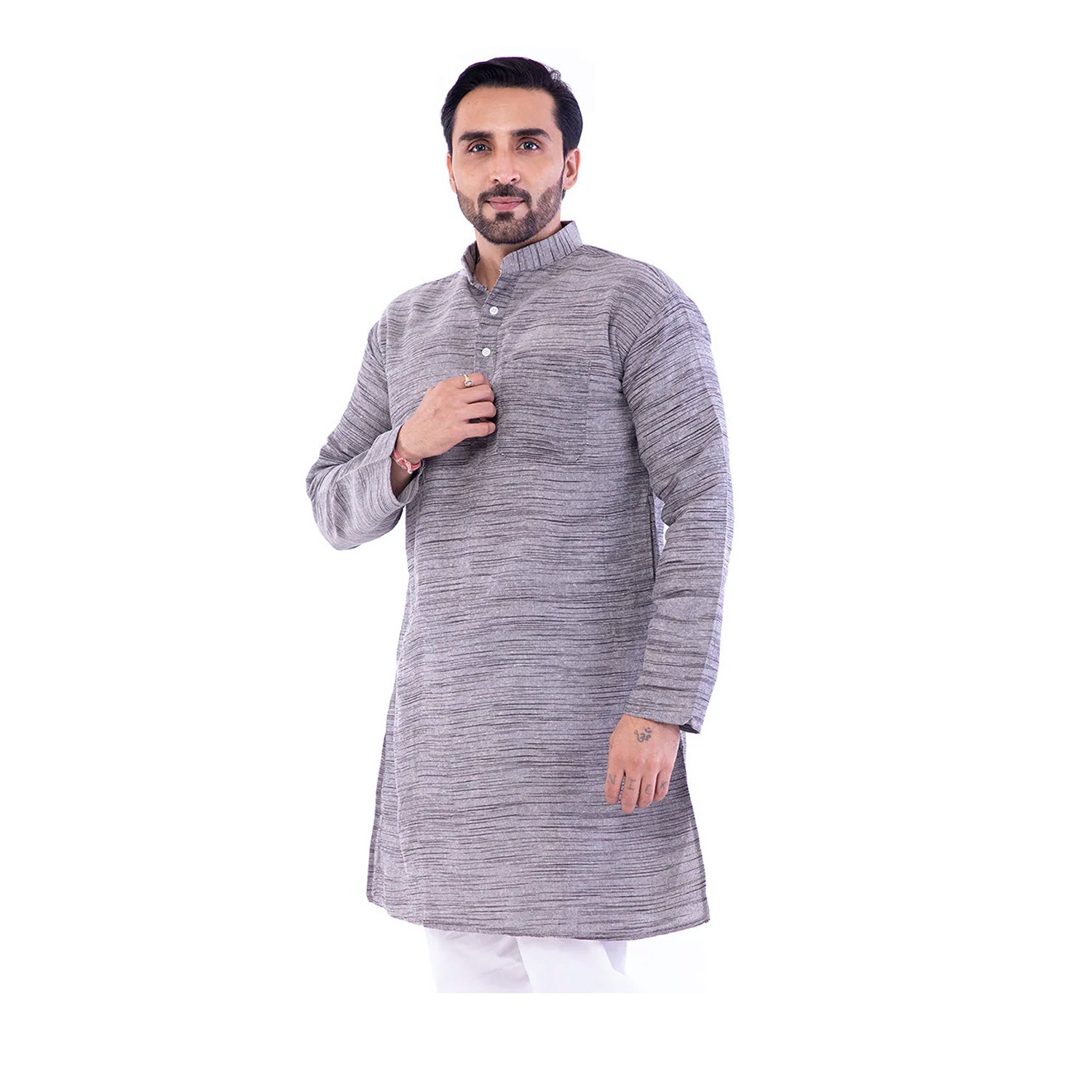Aaryavar Men's Khadi Cotton - Dark Grey - Kurta Pyjama Set