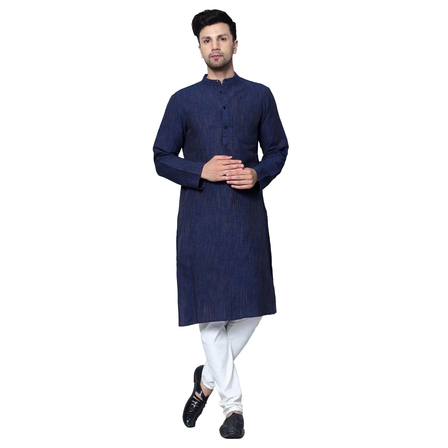 Aaryavar Men's Khadi Cotton - Kurta Pyjama Set - Navy Blue Color