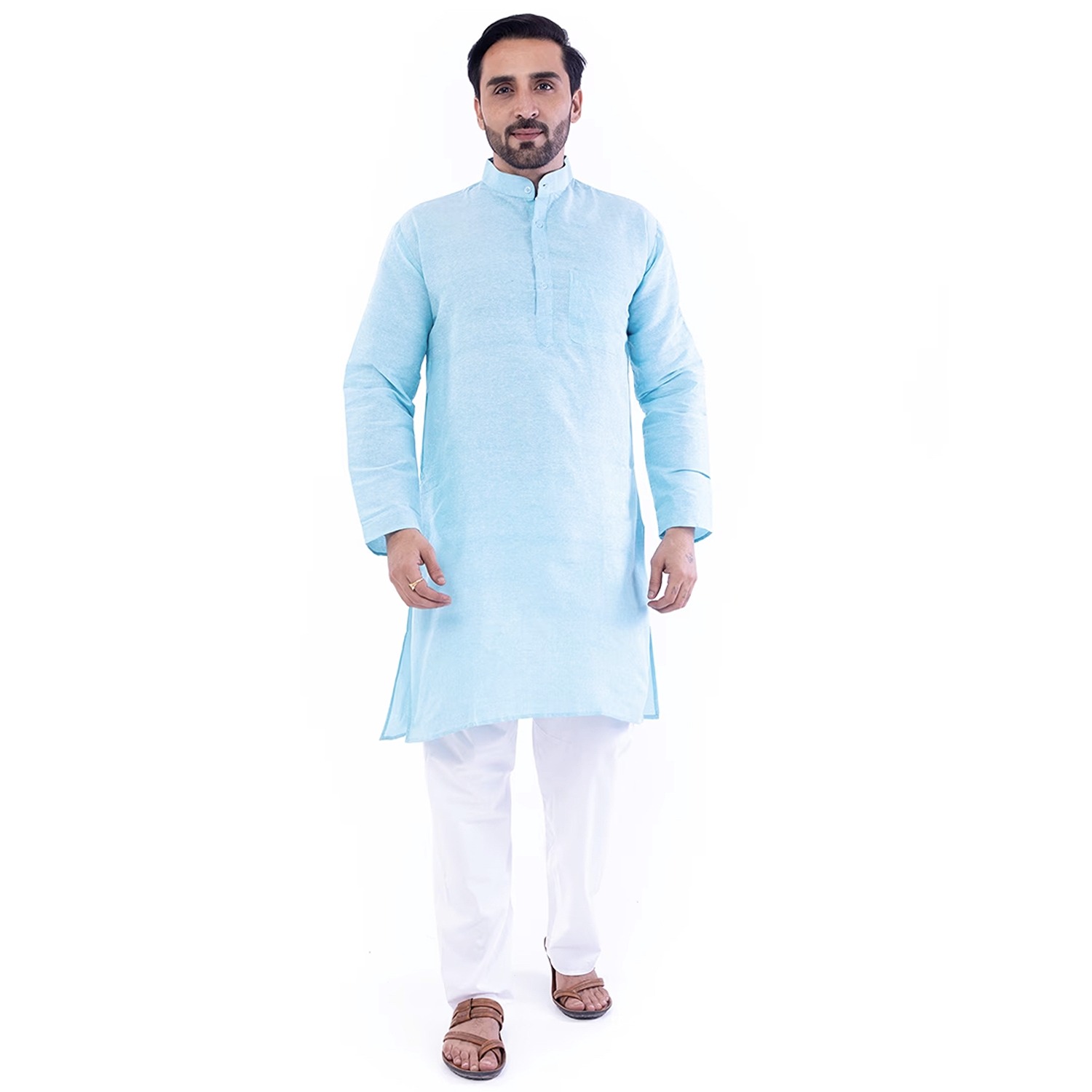Aaryavar Men's Khadi Cotton Relaxed Kurta - Sky Blue Color