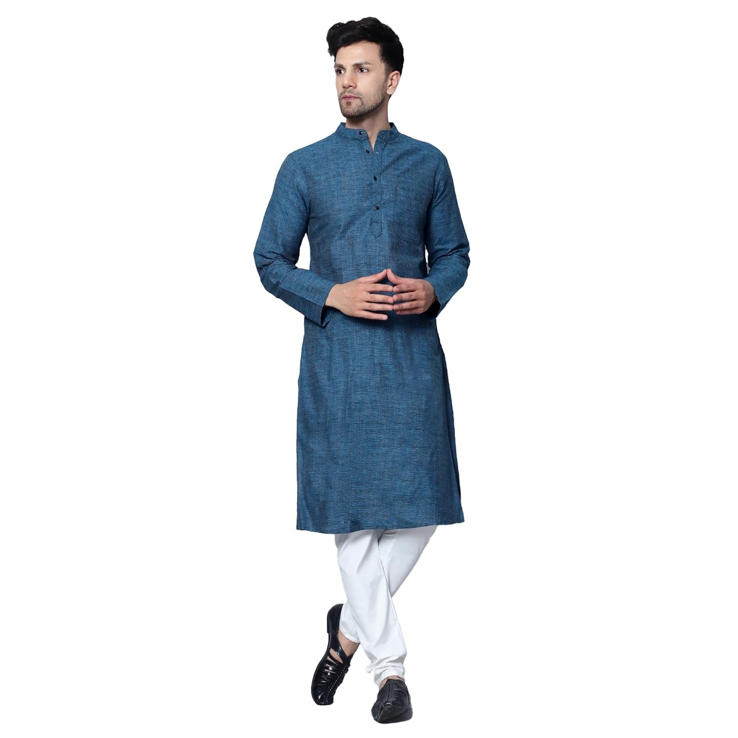 Aaryavar Men's Khadi Cotton Relaxed Kurta - Teal Blue - Firozi Color