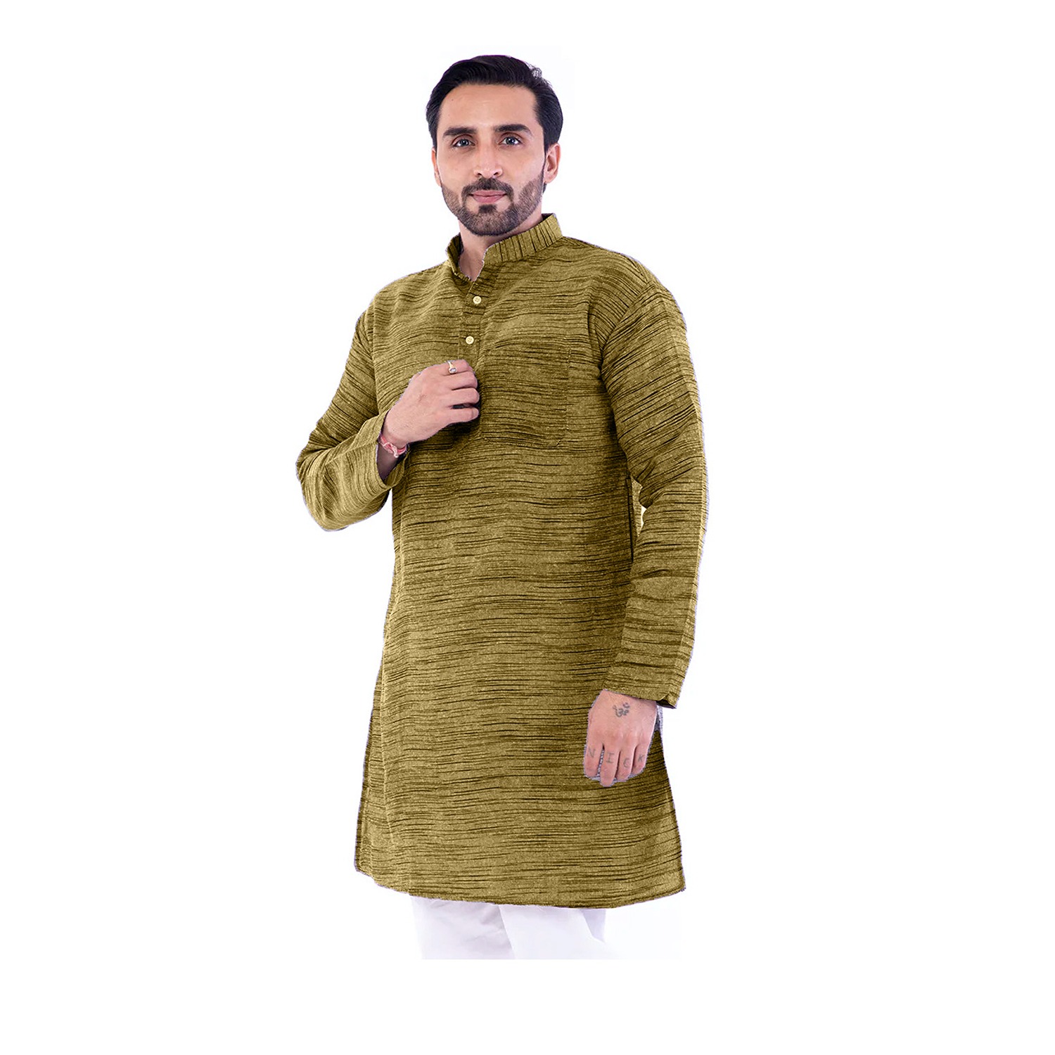 Aaryavar Men's Khadi Cotton Relaxed Kurta - Tuscan Sun - Dark Yellow Color