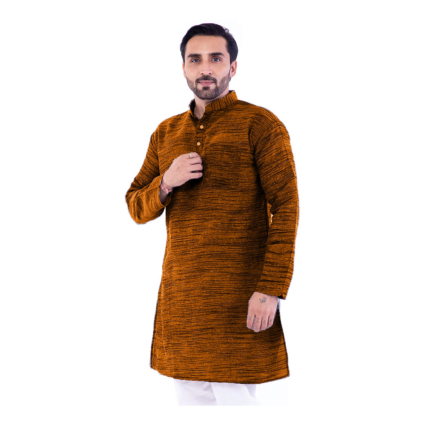 Aaryavar Men's Khadi Cotton Relaxed Kurta - Bronze - Dark Orange Color