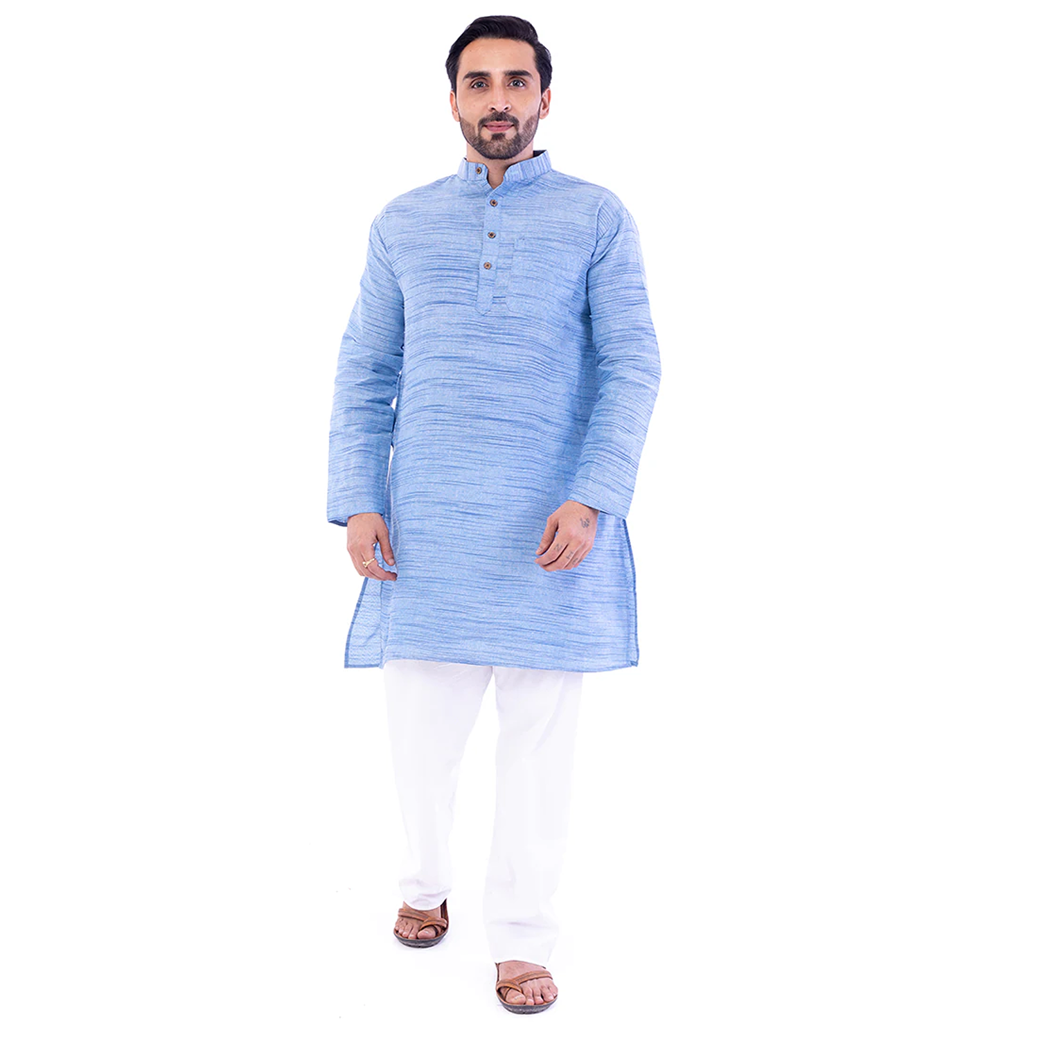 Aaryavar Men's Khadi Cotton Relaxed Kurta - Melange Blue Color