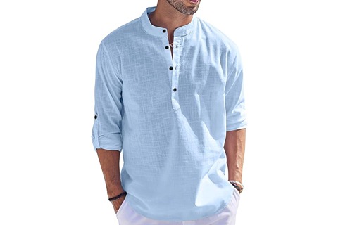 Aaryavar Men`s Solid Shurta - Cotton Blend Straight Kurta Shirt - Sky Blue Color