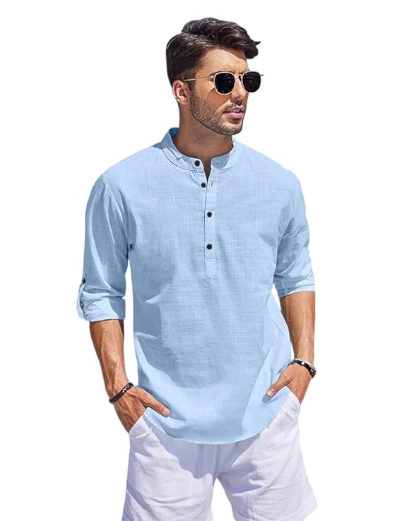 Aaryavar Men`s Solid Shurta - Cotton Blend Straight Kurta Shirt - Sky Blue Color