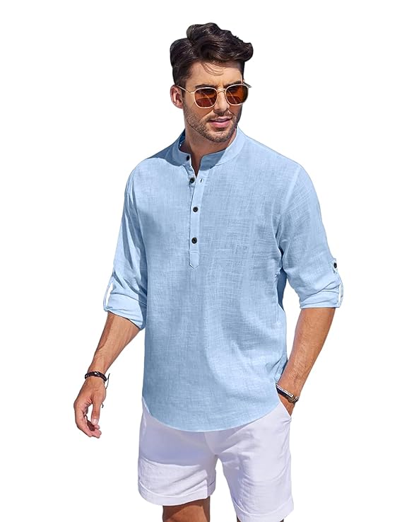 Aaryavar Men`s Solid Shurta - Cotton Blend Straight Kurta Shirt - Sky Blue Color