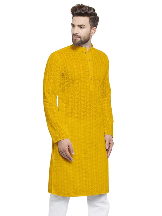 Aaryavar Men's Chikankari Embroidered Premium Georgette Kurta - Mustard Color