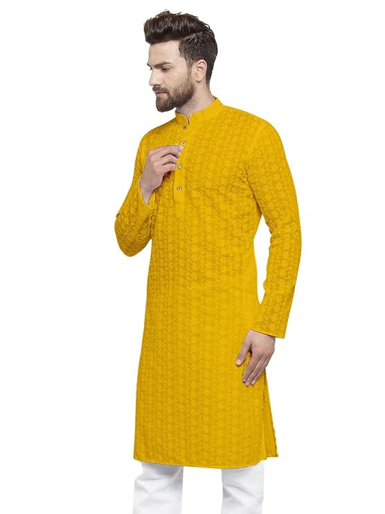 Aaryavar Men's Chikankari Embroidered Premium Georgette Kurta - Mustard Color