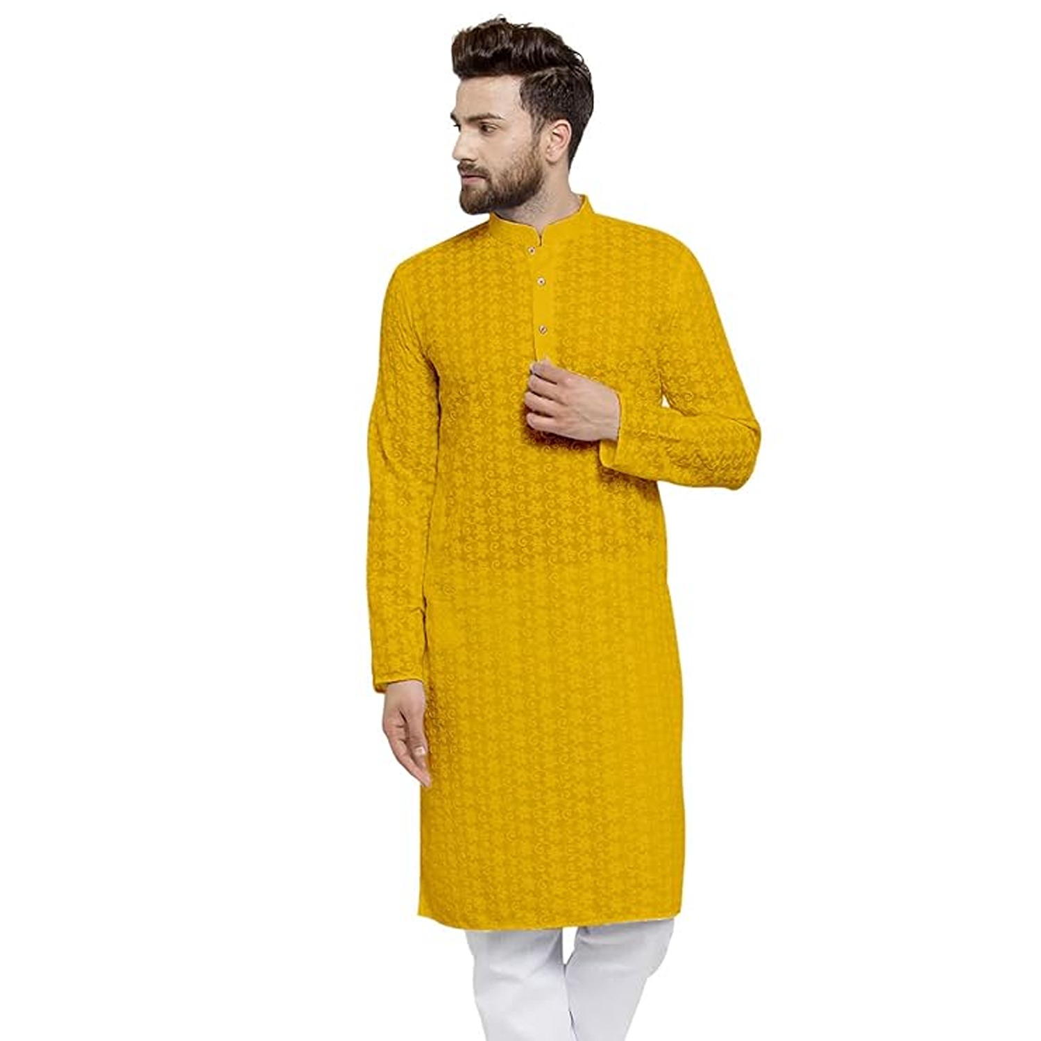 Aaryavar Men's Chikankari Embroidered Premium Georgette Kurta - Mustard Color