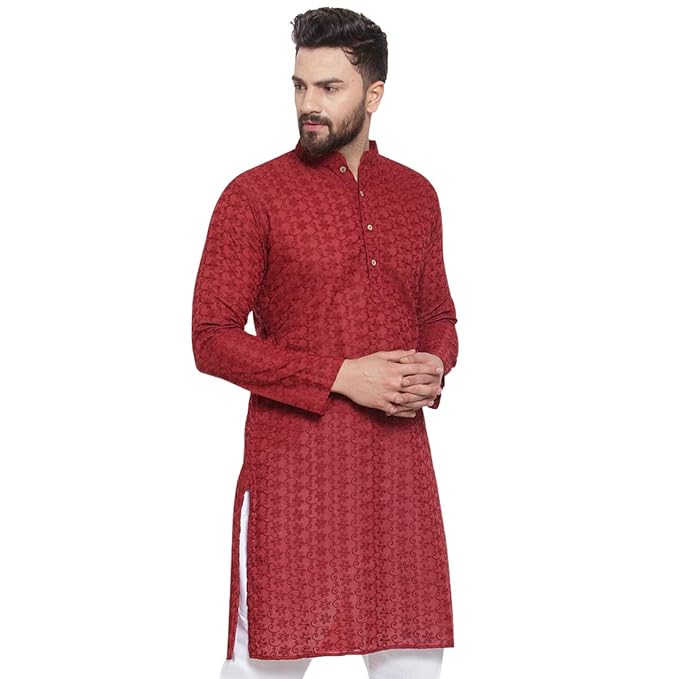 Aaryavar Men's Chikankari Embroidered Premium Georgette Kurta - Maroon Color