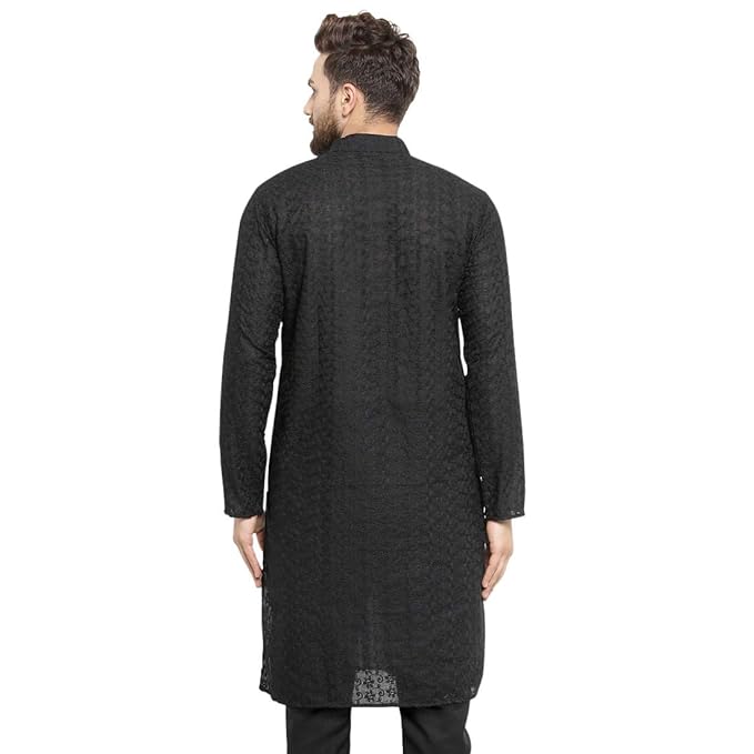 Aaryavar Men's Chikankari Embroidered Premium Georgette Kurta - Black Color