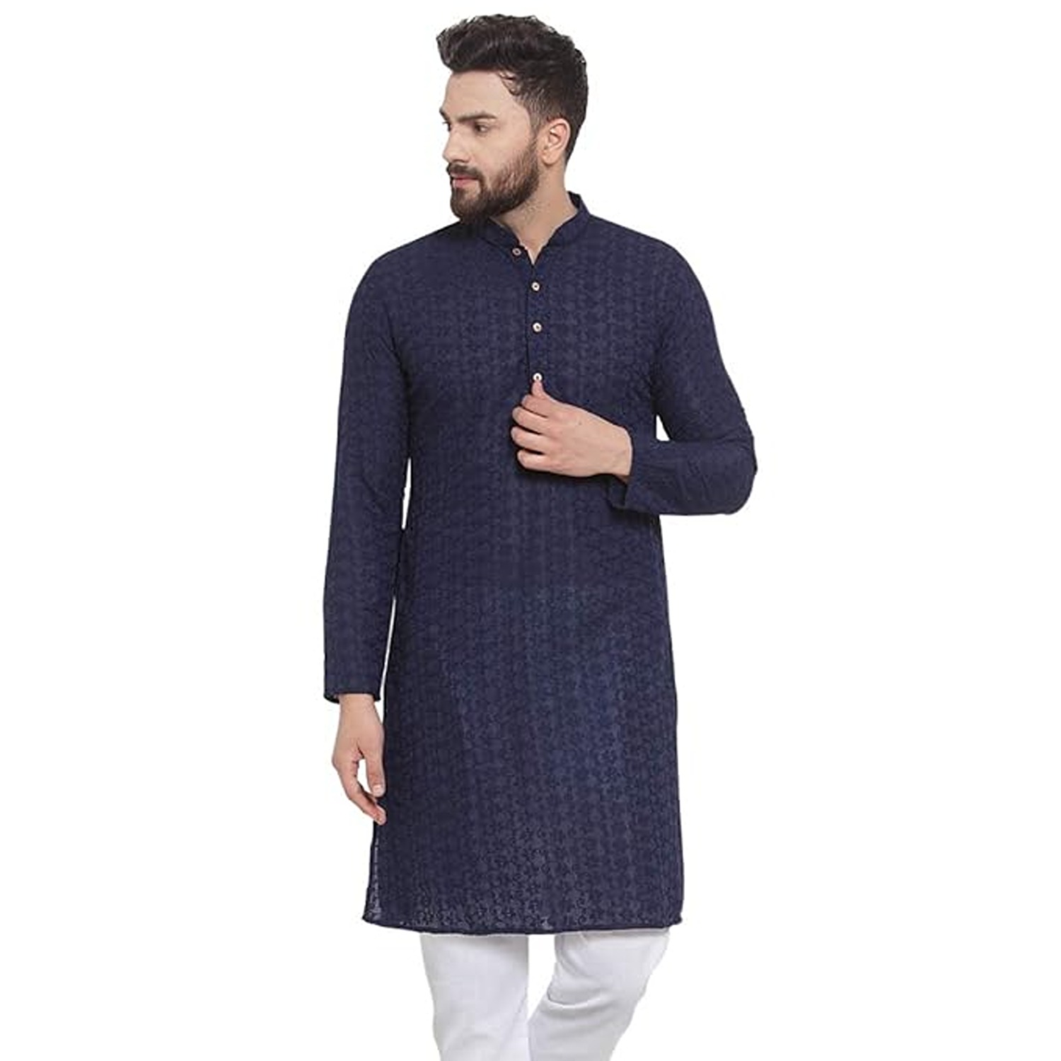 Aaryavar Men's Chikankari Embroidered Premium Georgette Kurta - Navy Blue Color