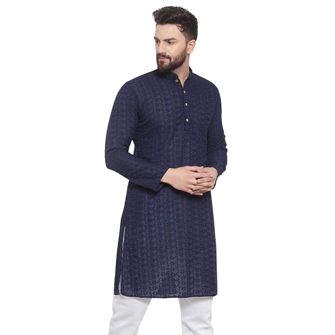 Aaryavar Men's Chikankari Embroidered Premium Georgette Kurta - Navy Blue Color