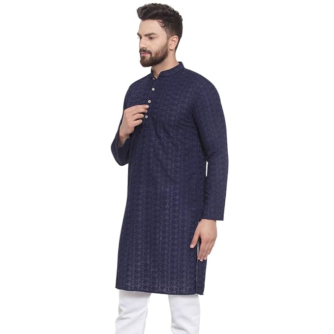 Aaryavar Men's Chikankari Embroidered Premium Georgette Kurta - Navy Blue Color