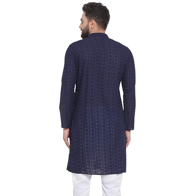 Aaryavar Men's Chikankari Embroidered Premium Georgette Kurta - Navy Blue Color