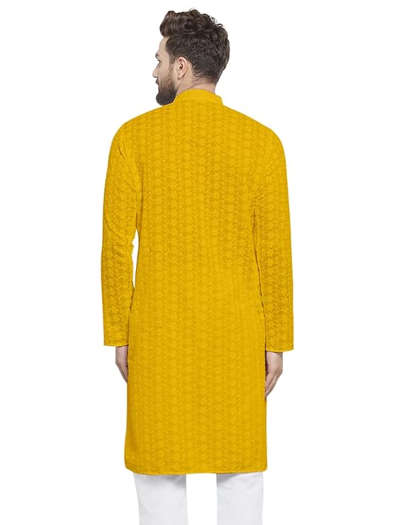 Aaryavar Men's Chikankari Embroidered Premium Georgette - Mustard Color - Kurta Only