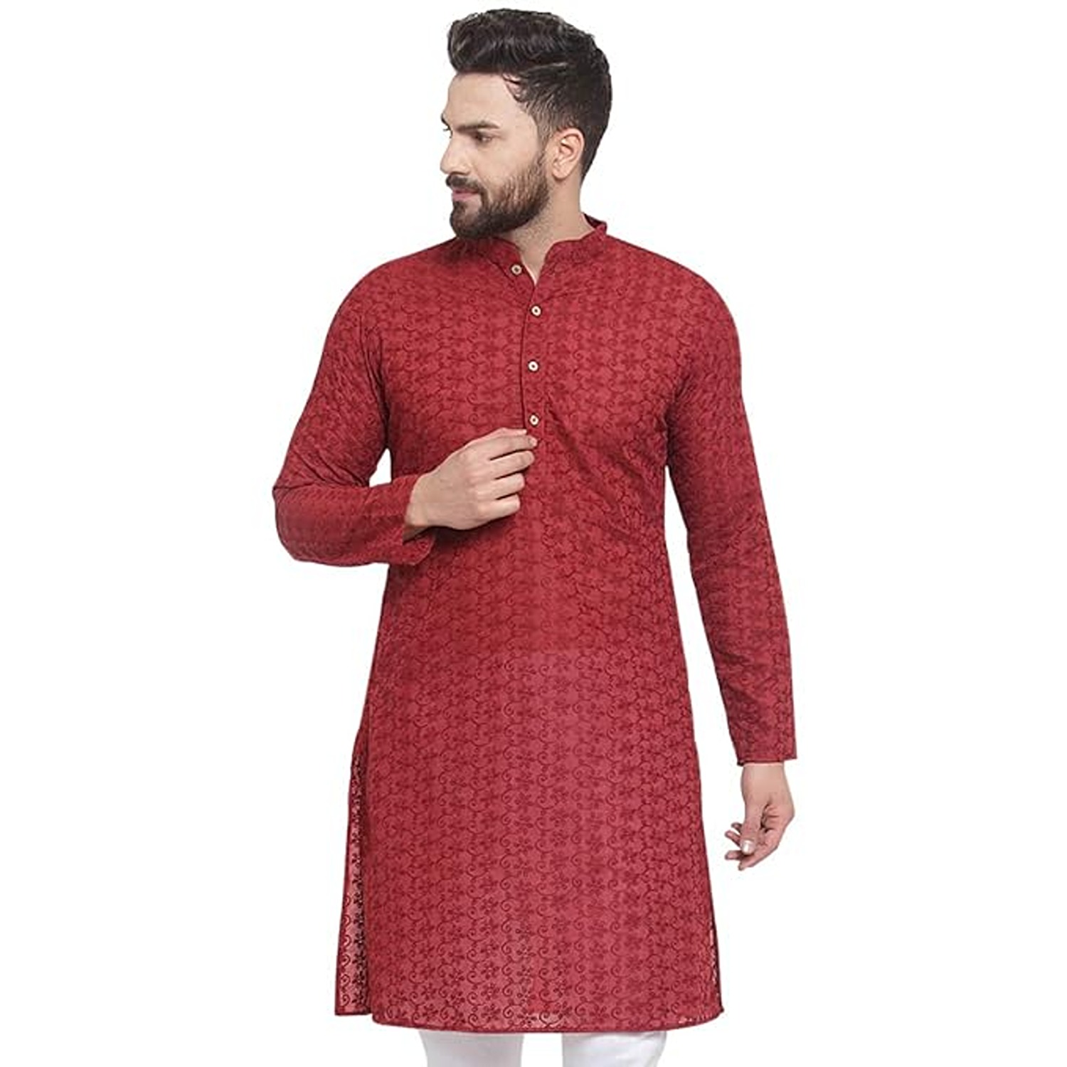 Aaryavar Men's Chikankari Embroidered Premium Georgette - Maroon Color - Kurta Only