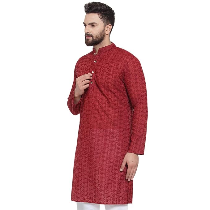 Aaryavar Men's Chikankari Embroidered Premium Georgette - Maroon Color - Kurta Only