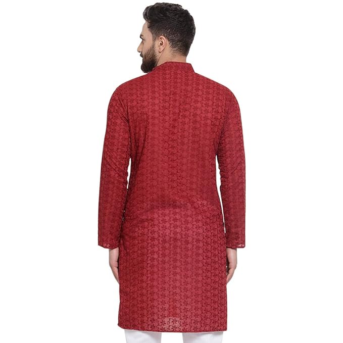 Aaryavar Men's Chikankari Embroidered Premium Georgette - Maroon Color - Kurta Only