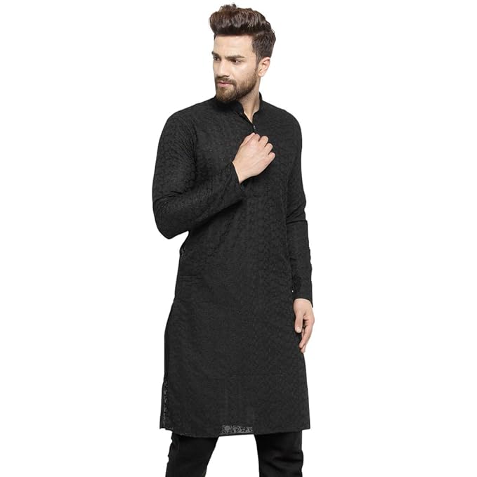 Aaryavar Men's Chikankari Embroidered Premium Georgette - Black Color - Kurta Only