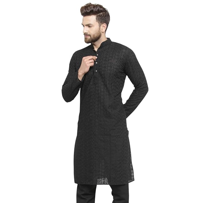 Aaryavar Men's Chikankari Embroidered Premium Georgette - Black Color - Kurta Only