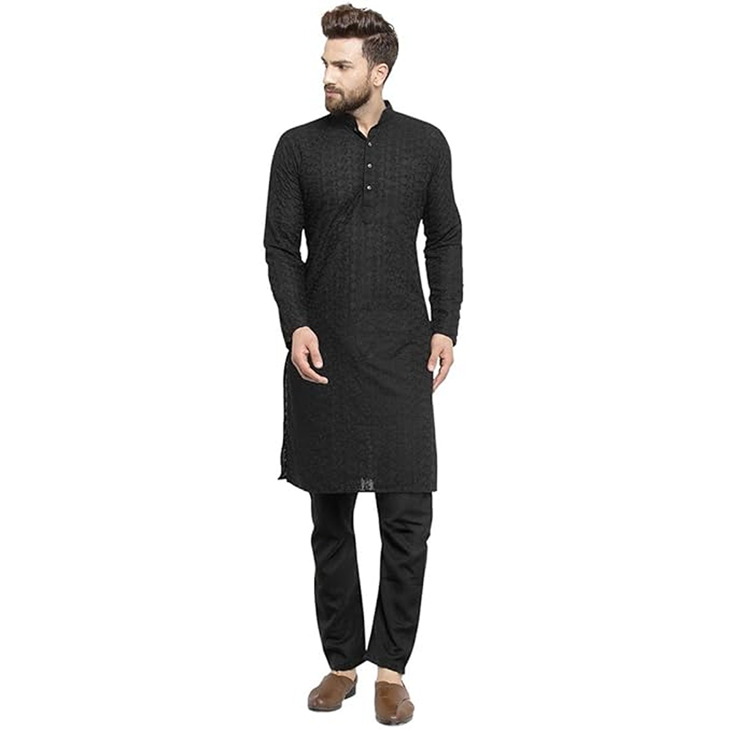 Aaryavar Men's Chikankari Embroidered Premium Georgette - Black Color - Kurta Only