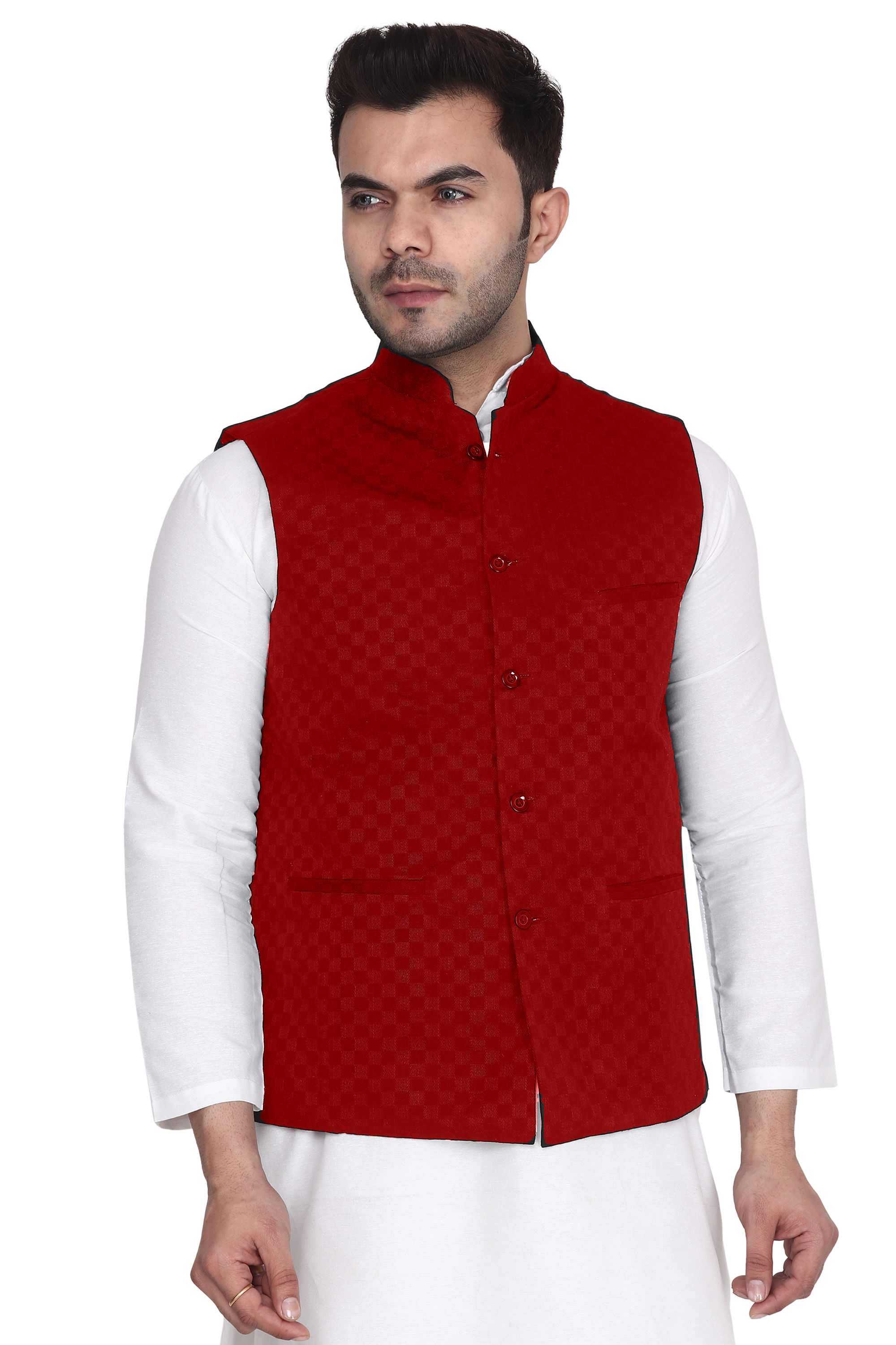 Aaryavar Ethnic Premium Nehru/Modi Jacket/Waistcoat - Sleeveless Coat for Formal & Festival Wear - Red Color