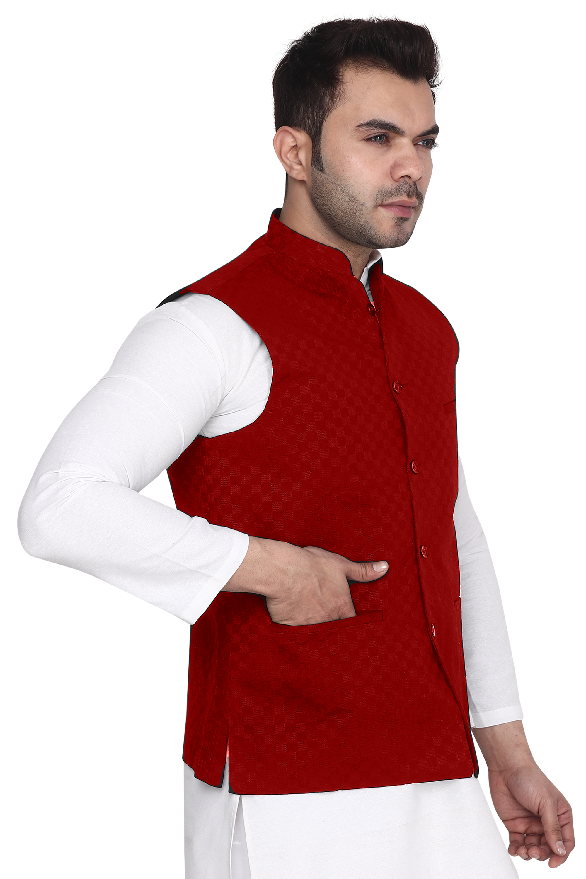 Aaryavar Ethnic Premium Nehru/Modi Jacket/Waistcoat - Sleeveless Coat for Formal & Festival Wear - Red Color