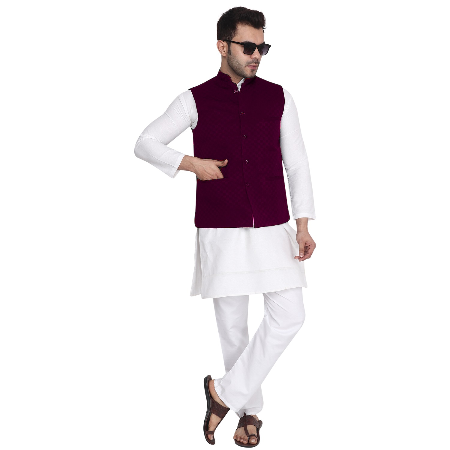 Aaryavar Ethnic Premium Nehru/Modi Jacket/Waistcoat - Sleeveless Coat for Formal & Festival Wear - Wine Color