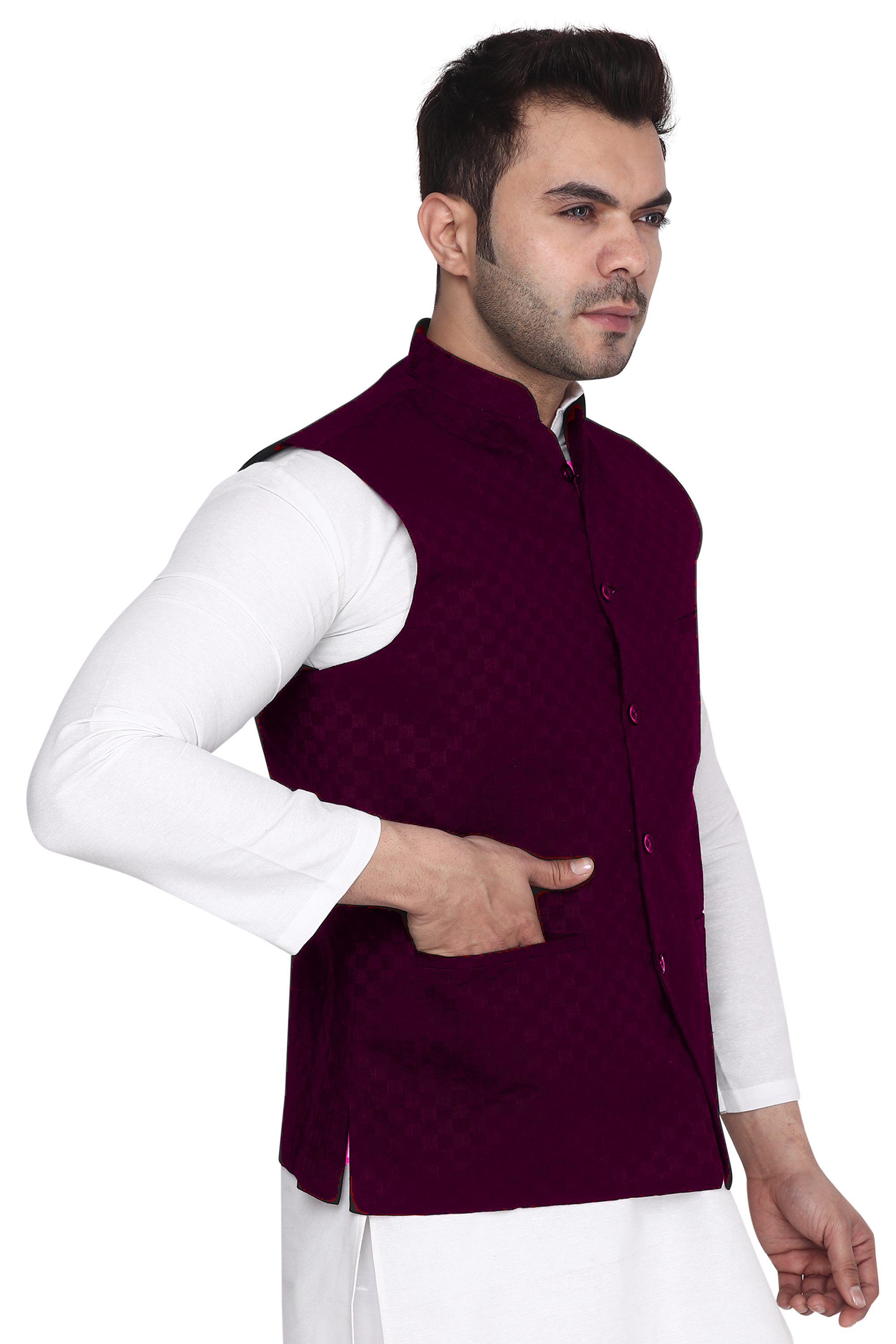 Aaryavar Ethnic Premium Nehru/Modi Jacket/Waistcoat - Sleeveless Coat for Formal & Festival Wear - Wine Color