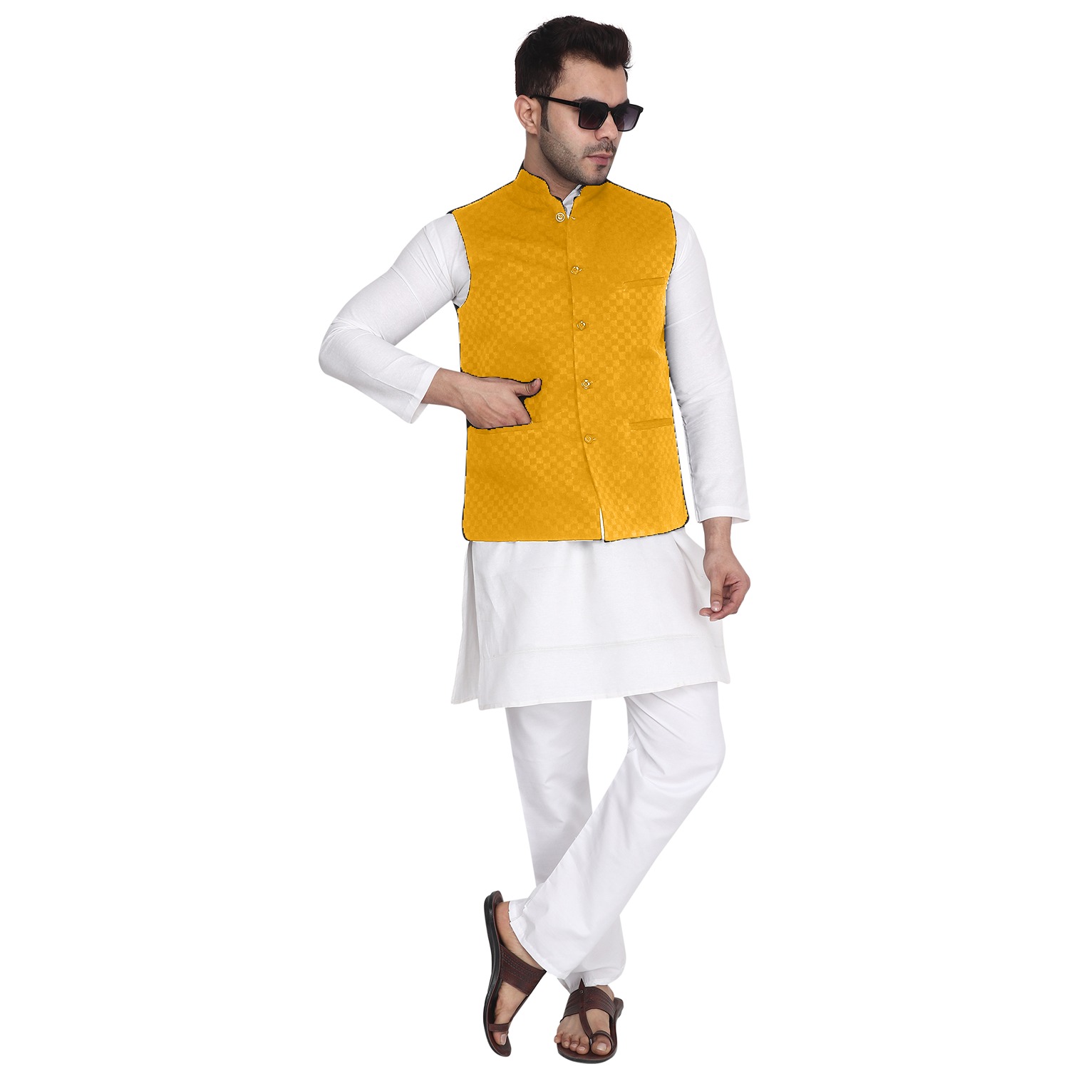 Nehru Jacket With White Kurta Pyjama - Aaryavar Ethnic Set - Festival Wear - Yellow Color