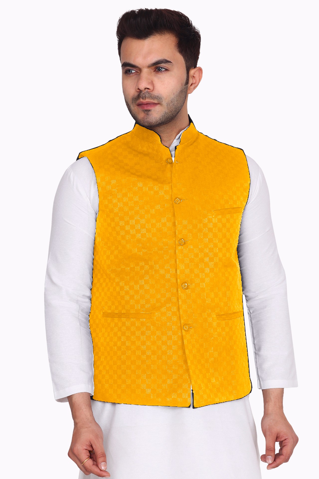 Nehru Jacket With White Kurta Pyjama - Aaryavar Ethnic Set - Festival Wear - Yellow Color