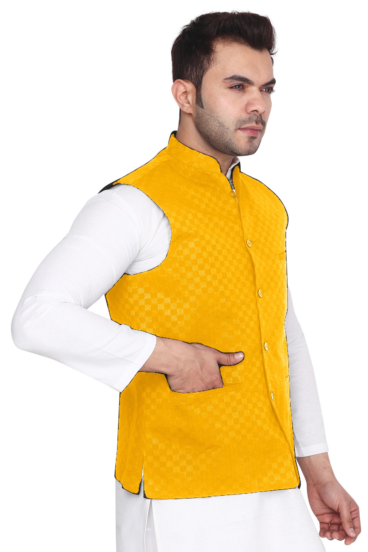 Nehru Jacket With White Kurta Pyjama - Aaryavar Ethnic Set - Festival Wear - Yellow Color