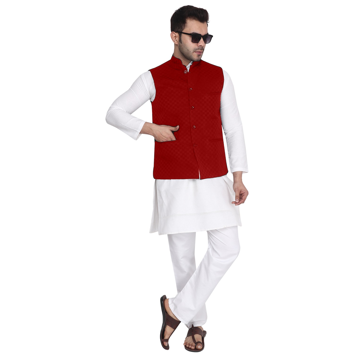 Nehru Jacket With White Kurta Pyjama - Aaryavar Ethnic Set - Festival Wear - Red Color