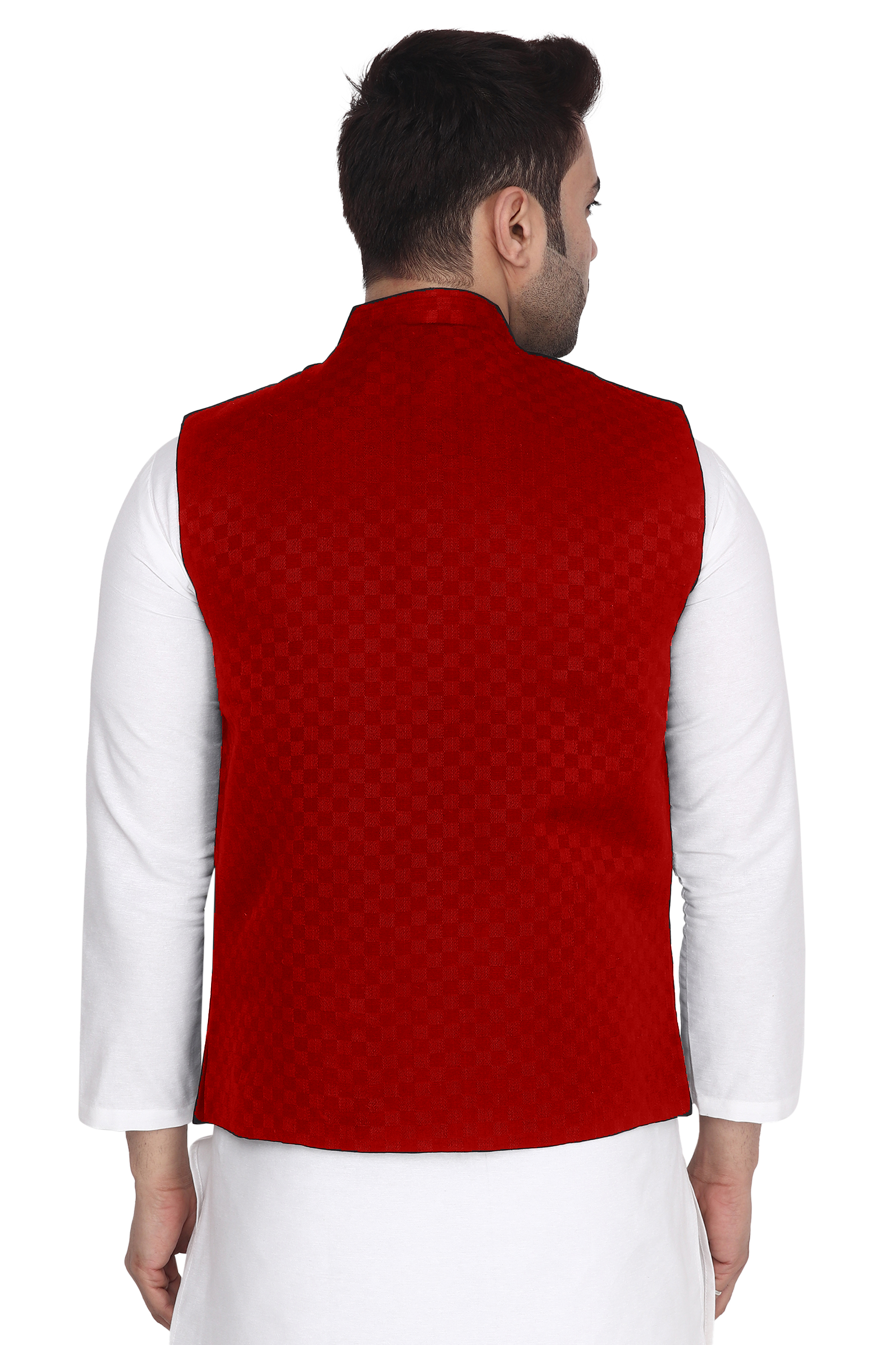 Nehru Jacket With White Kurta Pyjama - Aaryavar Ethnic Set - Festival Wear - Red Color