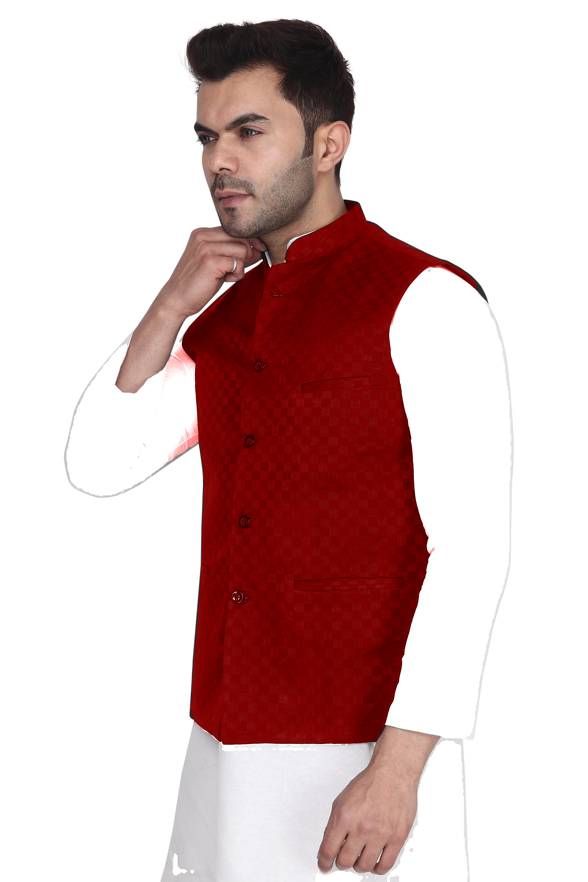 Nehru Jacket With White Kurta Pyjama - Aaryavar Ethnic Set - Festival Wear - Red Color