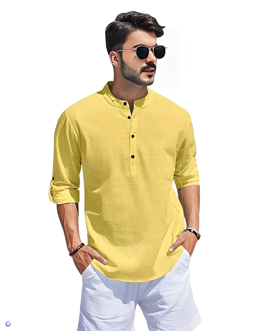Aaryavar Men`s Solid Shurta - Cotton Blend Straight Kurta Shirt - Titanium Yellow Color