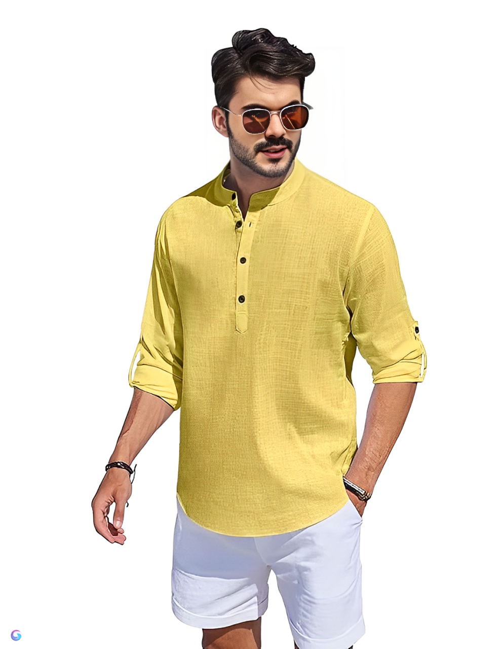 Aaryavar Men`s Solid Shurta - Cotton Blend Straight Kurta Shirt - Titanium Yellow Color