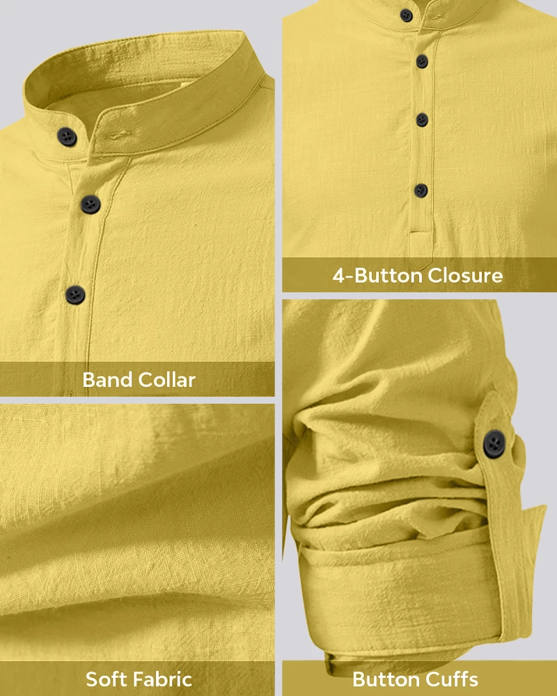 Aaryavar Men`s Solid Shurta - Cotton Blend Straight Kurta Shirt - Titanium Yellow Color