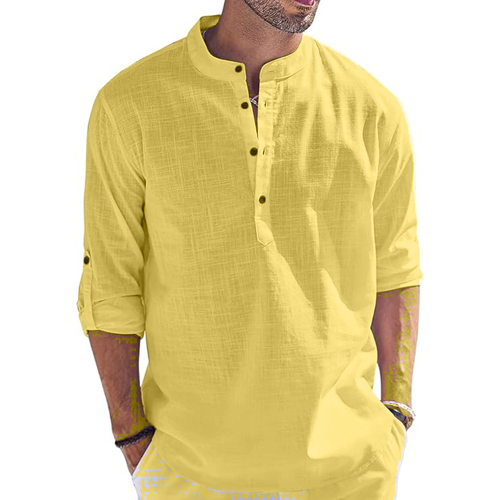 Aaryavar Men`s Solid Shurta - Cotton Blend Straight Kurta Shirt - Titanium Yellow Color