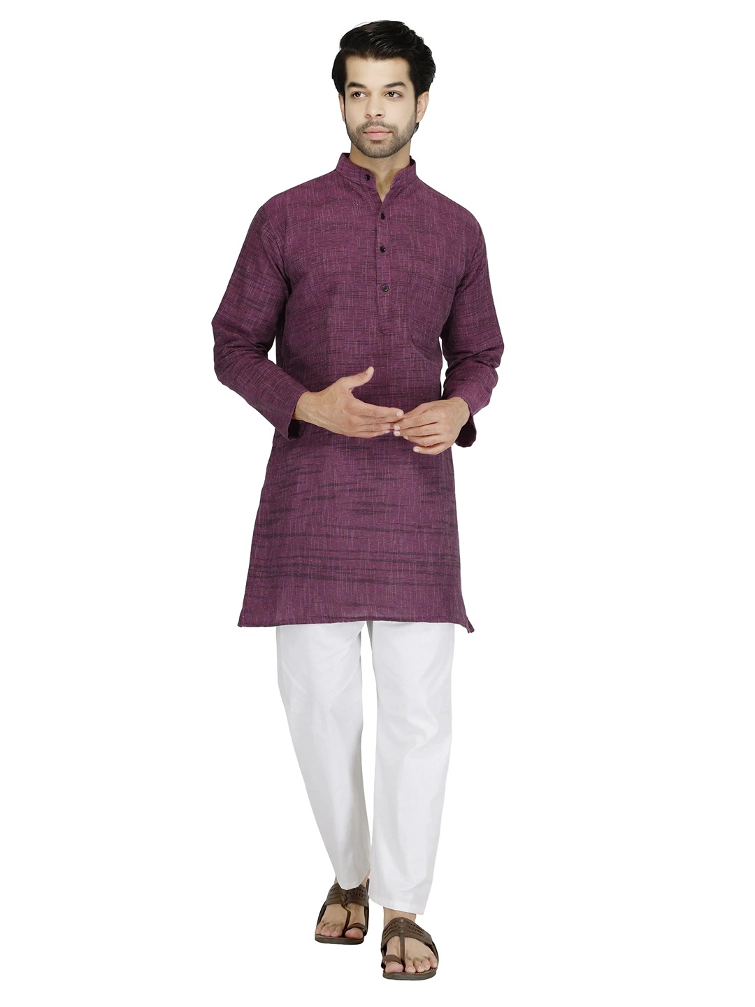 Aaryavar Men's Khadi Cotton Relaxed Kurta - Dark Pink Colour