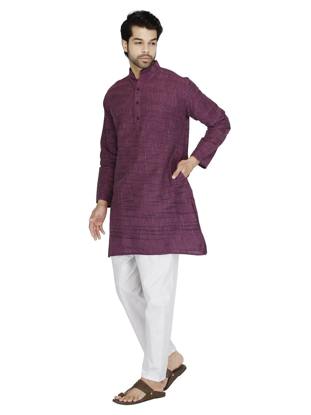 Aaryavar Men's Khadi Cotton Relaxed Kurta - Dark Pink Colour