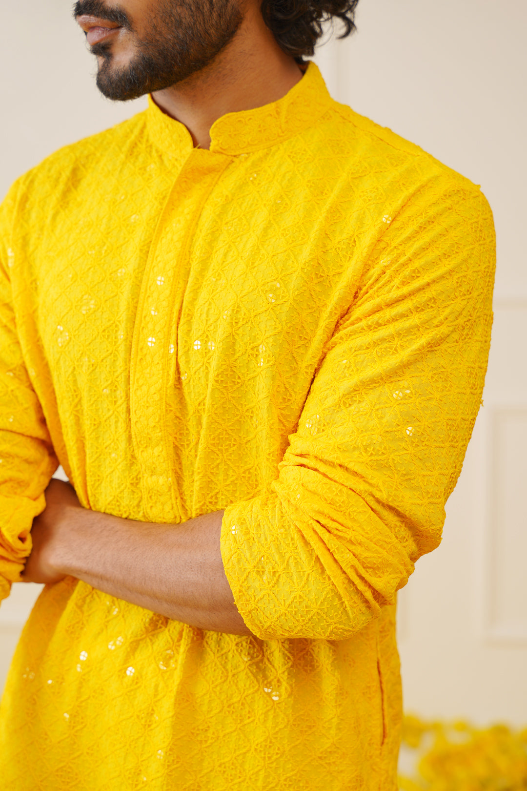 Aaryavar Men's Sequin Embellished Chikankari Kurta Only - Yellow Color for Haldi/Festival/Temple Function